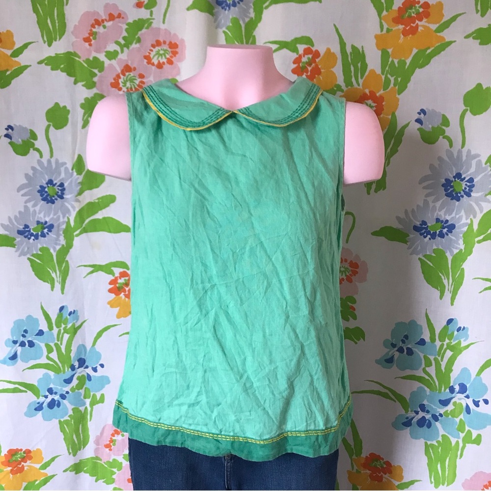 Boden 100% Linen Green Sleeveless Blouse Peter Pan Collar Embroidered Stripe 6